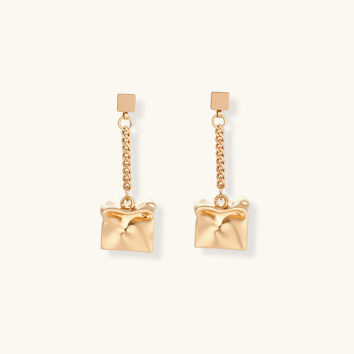 Modern geometric drop earrings with square stud posts, delicate chains, and textured square pendants in eco-zinc alloy