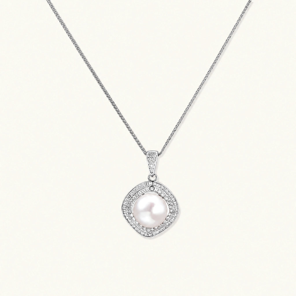Cushion-shaped double halo pendant with 10mm freshwater pearl center on rhodium-plated sterling silver chain