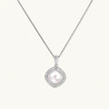 Cushion-shaped double halo pendant with 10mm freshwater pearl center on rhodium-plated sterling silver chain
