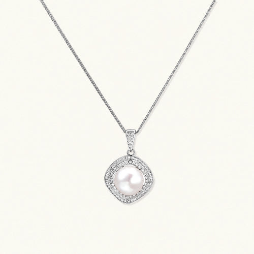 Cushion-shaped double halo pendant with 10mm freshwater pearl center on rhodium-plated sterling silver chain