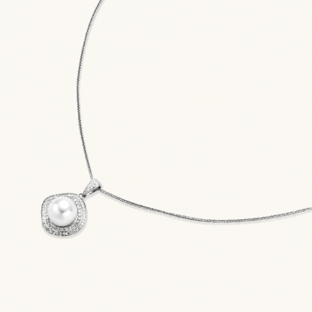 Cushion-shaped double halo pendant with 10mm freshwater pearl center on rhodium-plated sterling silver chain