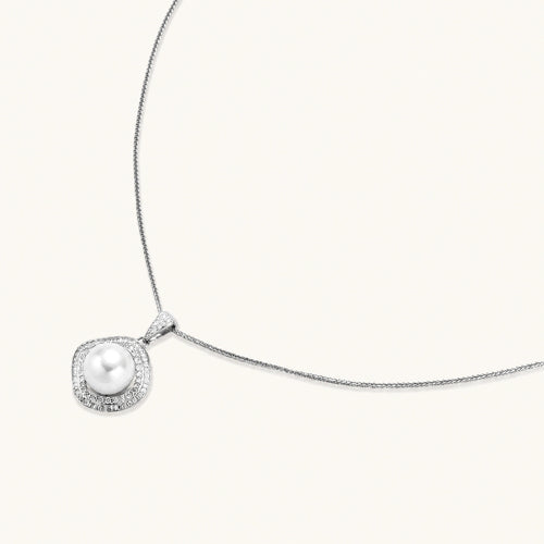 Cushion-shaped double halo pendant with 10mm freshwater pearl center on rhodium-plated sterling silver chain