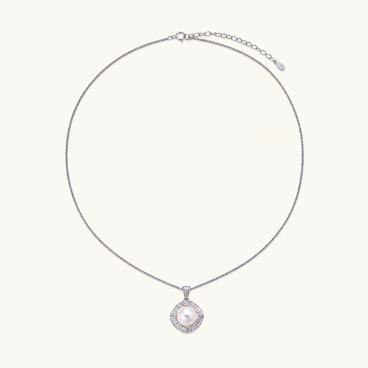 Cushion-shaped double halo pendant with 10mm freshwater pearl center on rhodium-plated sterling silver chain