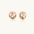 Round stud earrings with pink enamel, three white freshwater pearls, green leaves, and gold-plated braided border
