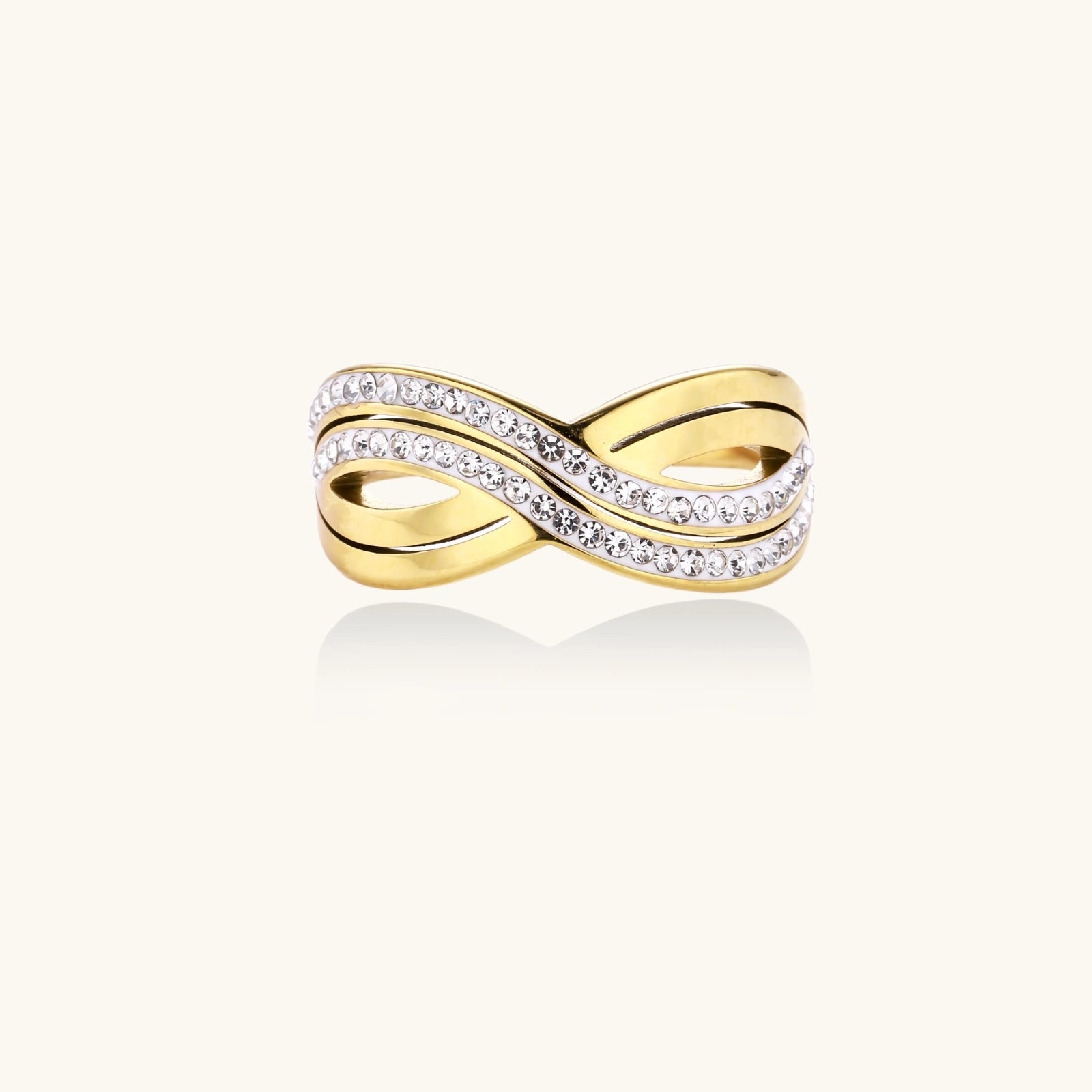 Gold-plated ring with interweaving wave bands and two rows of clear rhinestones creating an infinity pattern